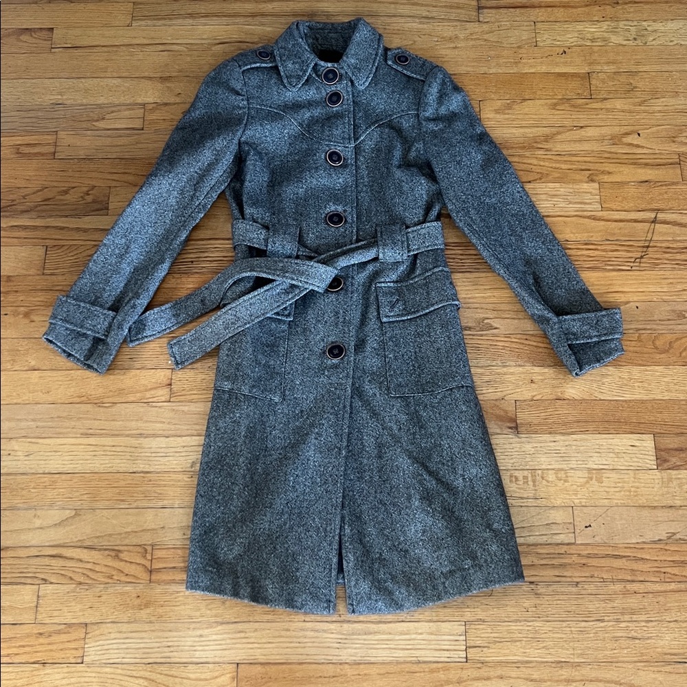 Women’s brown tweed wool coat VIA VICTORIA SECRET Gray Trench BUTTON BACK 4